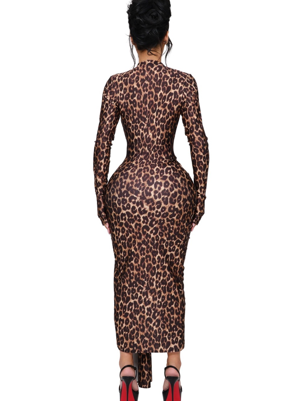 NOXRA DEEP PLUNGE DRESS Asymmetrical Leopard-Print Plunge Maxi Dress in Brown - Picture 3 of 3